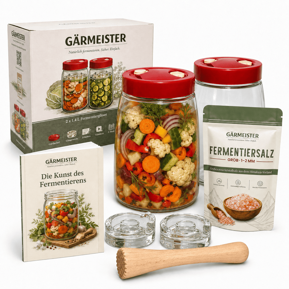 Fermentierglas 2er Set Premium mit Salz, Holzstößel & Buch
